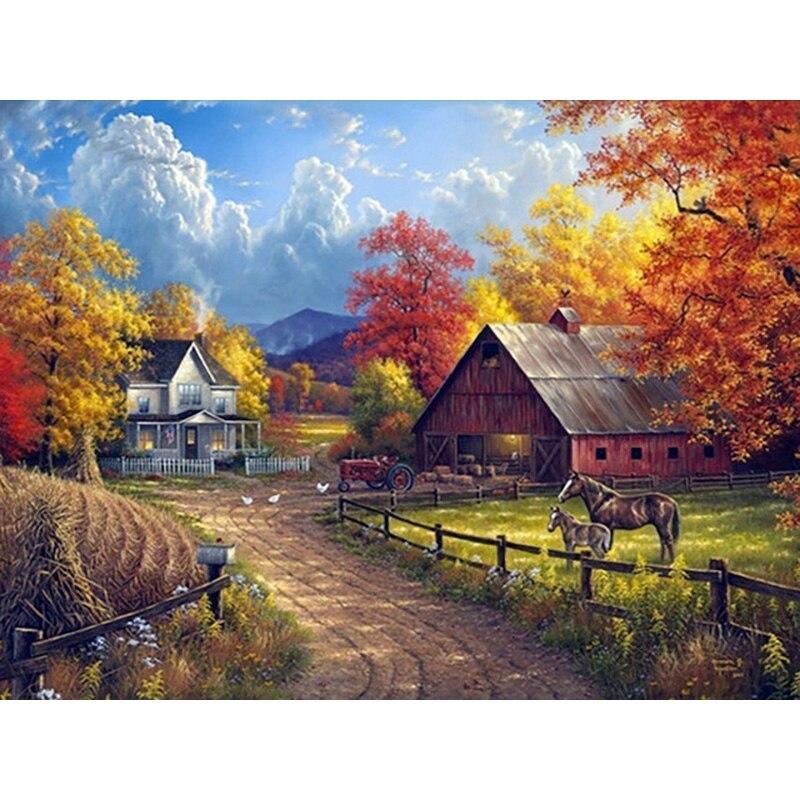 Pictură cu diamant 5D DIY, peisaj, casă, broderie cu diamant, peisaj, punct de cruce, burghiu rotund complet, decor cadou manual