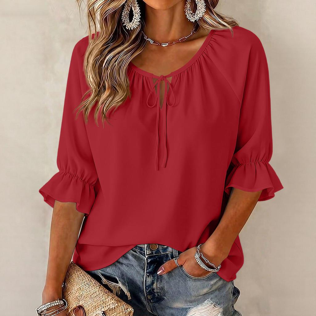 Women's Fashion Color Round Neck Tie Ruffle Three Quarter Sleeve Blouse for Casual Wear