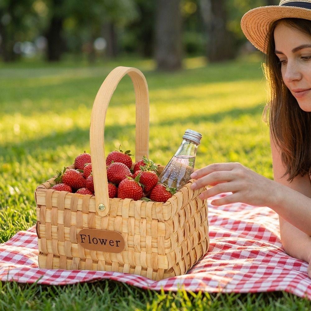 Rustic Style Handwoven Flower Basket with Handle Serving Basket Storage Basket Handmade Organizer Basket Picnic