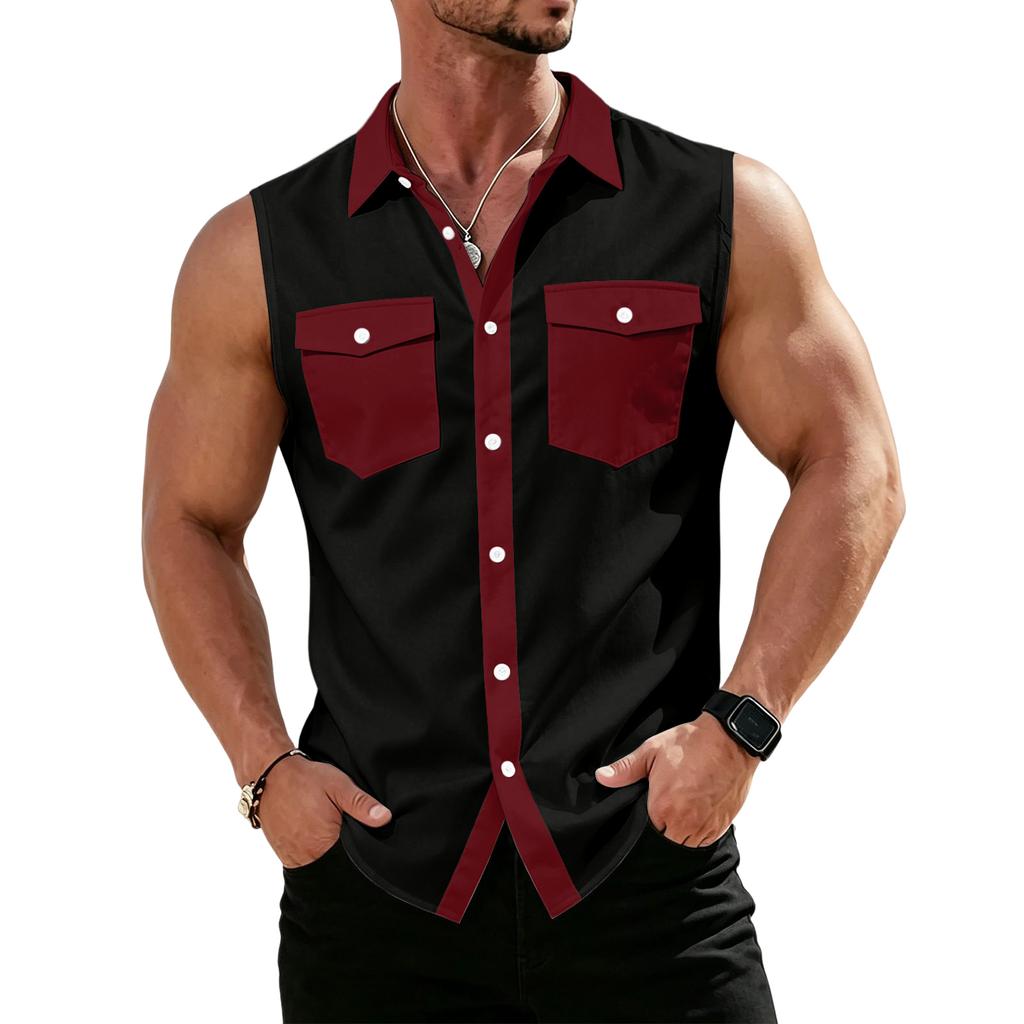 Men's Workwear Lapel Button-Down Vest Shirt - Lightweight Sleeveless Top