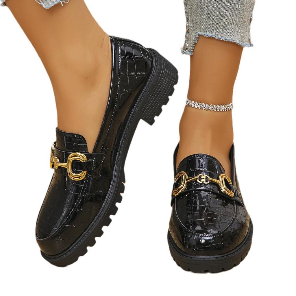 Women's British Style Chunky Heel Leather Loafers with Round Toe and Metal Buckle – Versatile, Thick Sole, Large Sizes