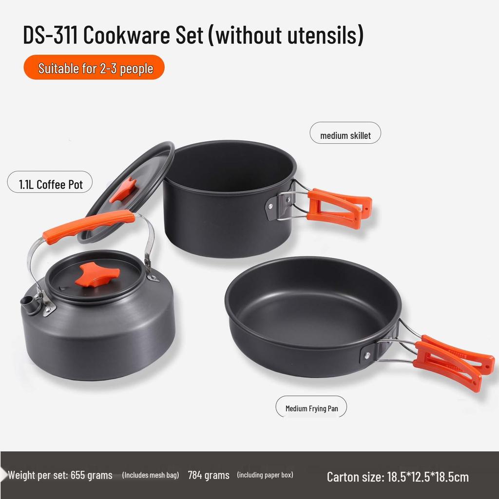 Outdoor Cookware Set DS311: 2-3 Person Portable Picnic Set with 1.1L Teapot and Tableware Accessories