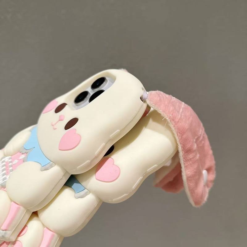 3D Cartoon Plush Long Ears Rabbit Phone Case For IPhone 17 16 15 14 13 Pro Max 14 15 Plus Soft Silicone Back Cover