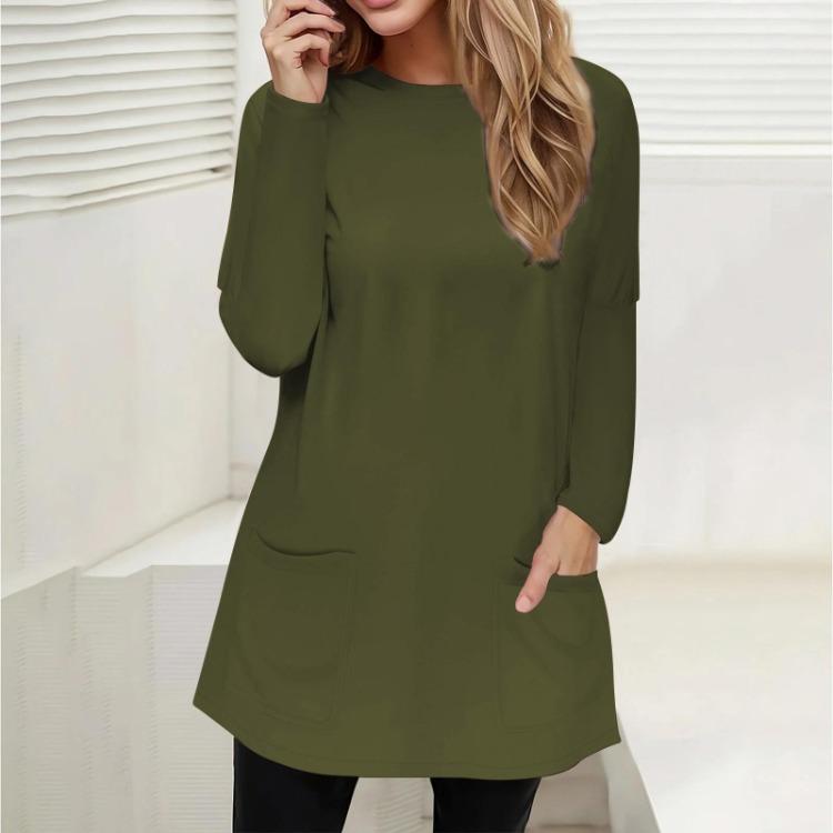 Loose Long Sleeve Crewneck Pocket Top Women Casual Solid Color Fashion