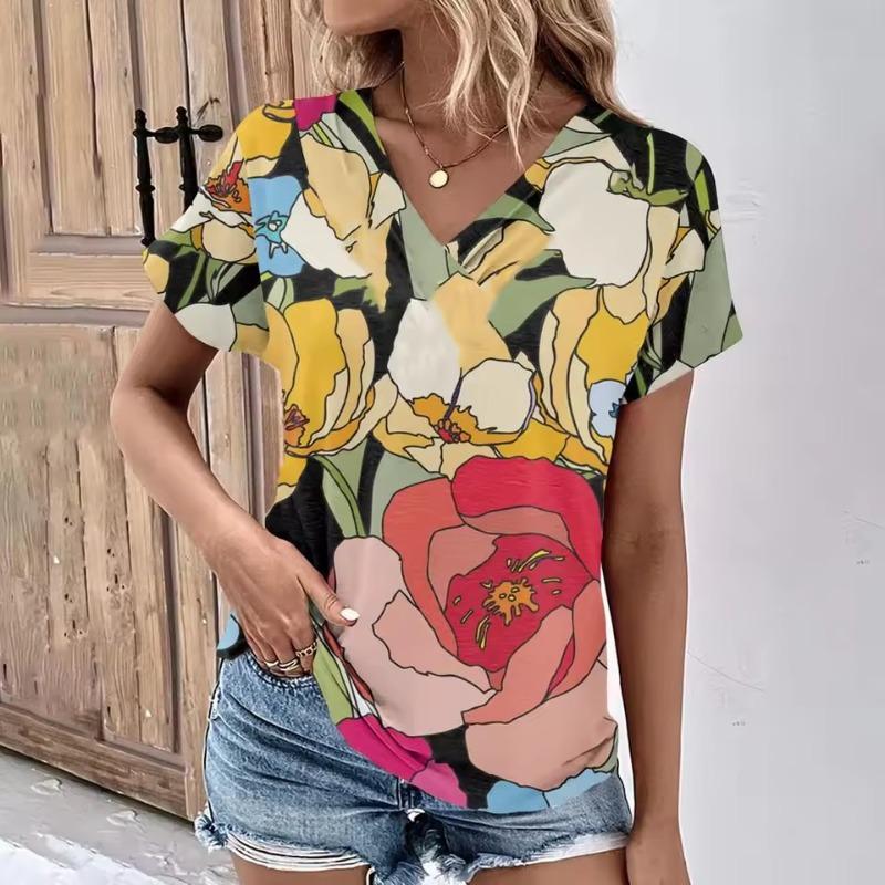 Fashion Women's T-Shirts Fashion Tops V-Neck 3D Floral Print T Shirt Female Short Sleeve Top Casual Tees Summer Oversized Clothing