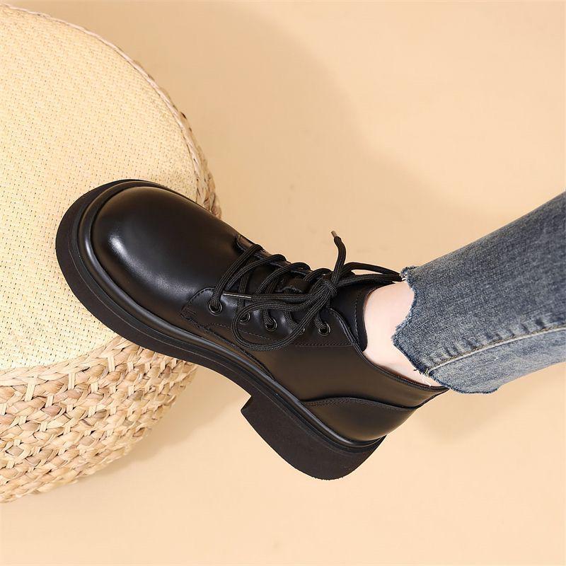 British-Style Women's Vintage Leather Lace-Up Martin Boots - Height-Increasing, Wide-Foot, Short French Design