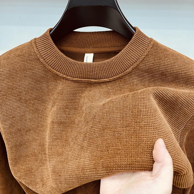 Men's Premium Fleece-Lined Sweatshirt: Warm, Thick, Solid Color, Round Neck, Long-Sleeve Base Layer for Autumn & Winter.