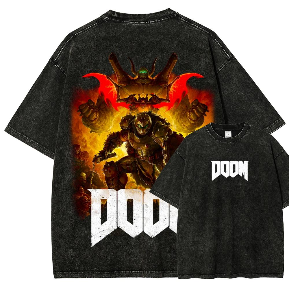 T-shirt Grafica Stile Retrò Gioco FPS Classico DOOM Uomo Donna Cotone Lavato Vintage Morbido Casual Oversize Top Estivo Nuova Maglietta