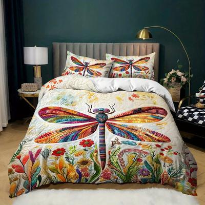 Juego de Funda Nórdica de Libélula Bohemio de 3 Piezas Juego de Colcha de Libélula Floral Temático Juego de Colcha de Cama Libélula Arcoíris