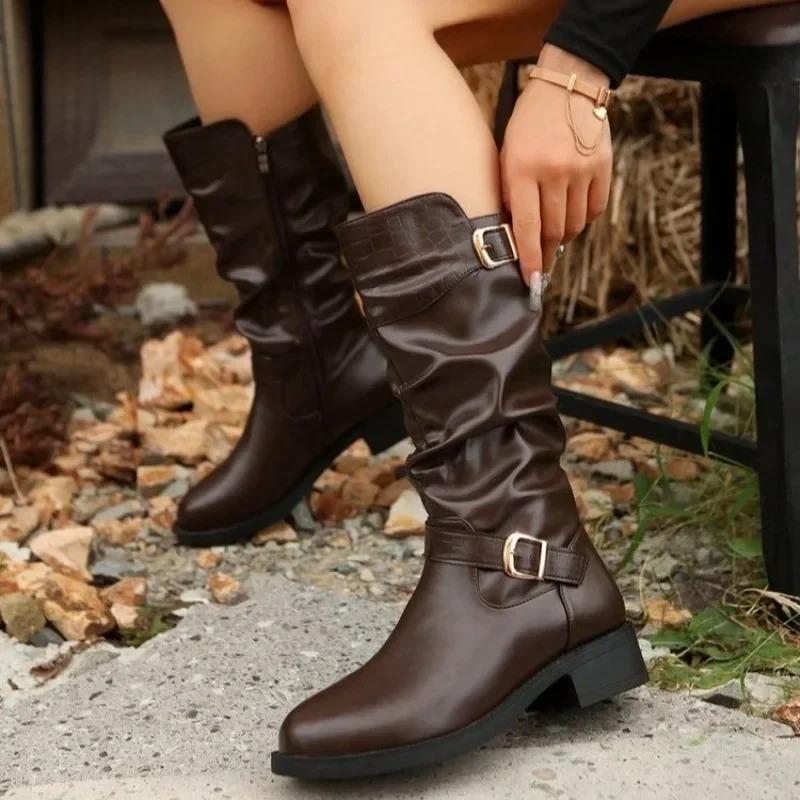 Belt Buckle Mid-Tube Boots Autumn New Round Toe Side Zipper Soft Sole Anti-Slip Wear-Resistant Single Boots