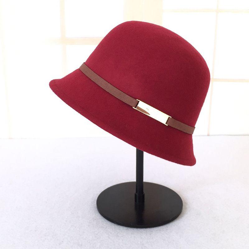 Ladies Wool Top Hat Leather Decoration Fashion Woolen Small Basin Hat Black Hat