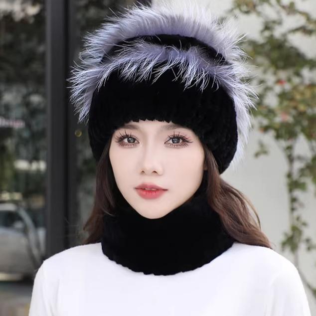 Fur Rex Rabbit Hair Hat Women's Winter Neck Cover Two-piece Warm Korean Version Fashion Beautiful Mom Snow Hat Travel