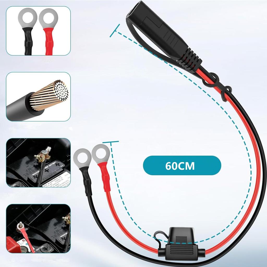 SAE-Stecker, SAE-Ladekabel, Motorradladegerät, Ringklemme, Eingebaute 15A-Sicherung,