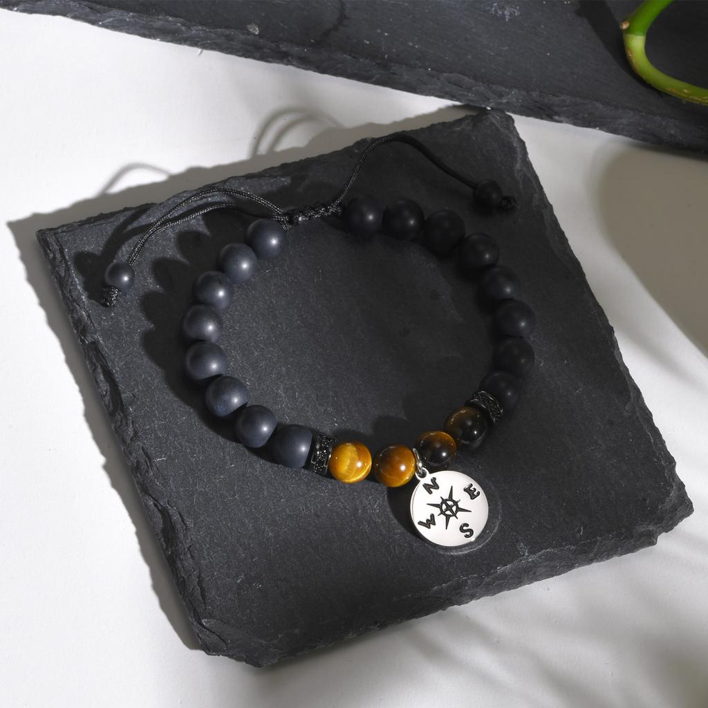 Mprainbow Stylish Compass Beaded Bracelets for Men Boys,Adjustable Tiger Eye Stone Black Brown Beaded Wristband,Birthday Gift