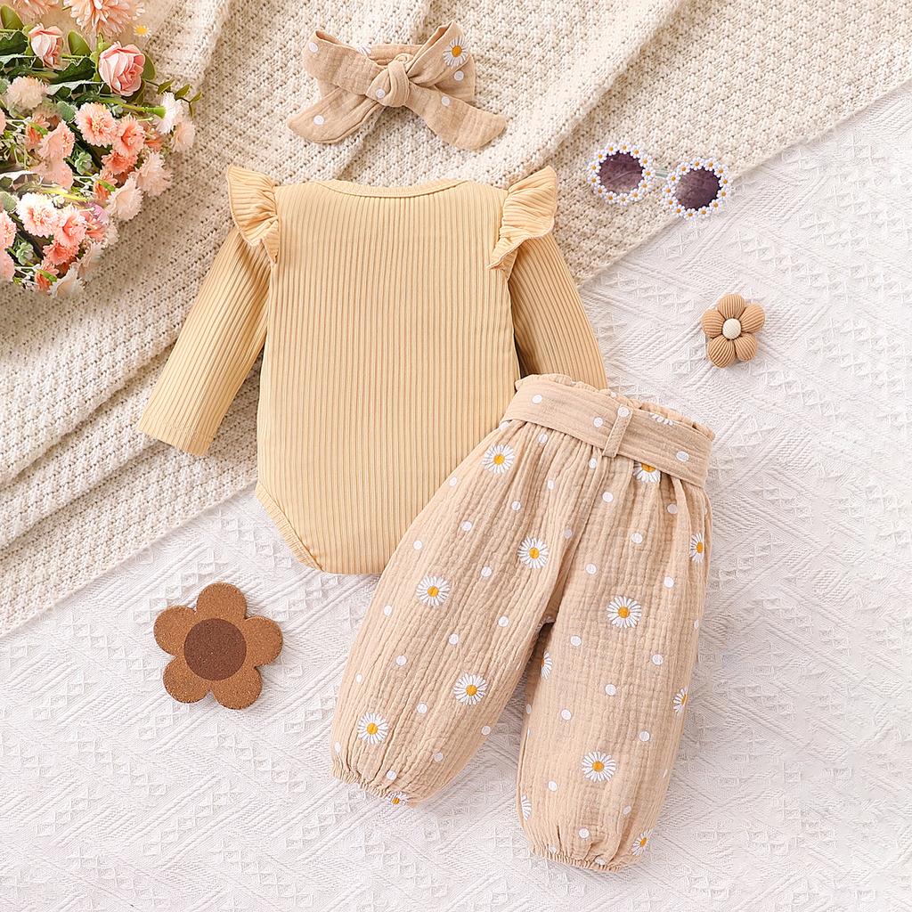 Herbst-Outfits für Babys, Mädchen, einfarbig, gerippter Langarm-Strampler mit Hose mit Gänseblümchenmuster, Gürtel und Stirnband, 4-teiliges Set