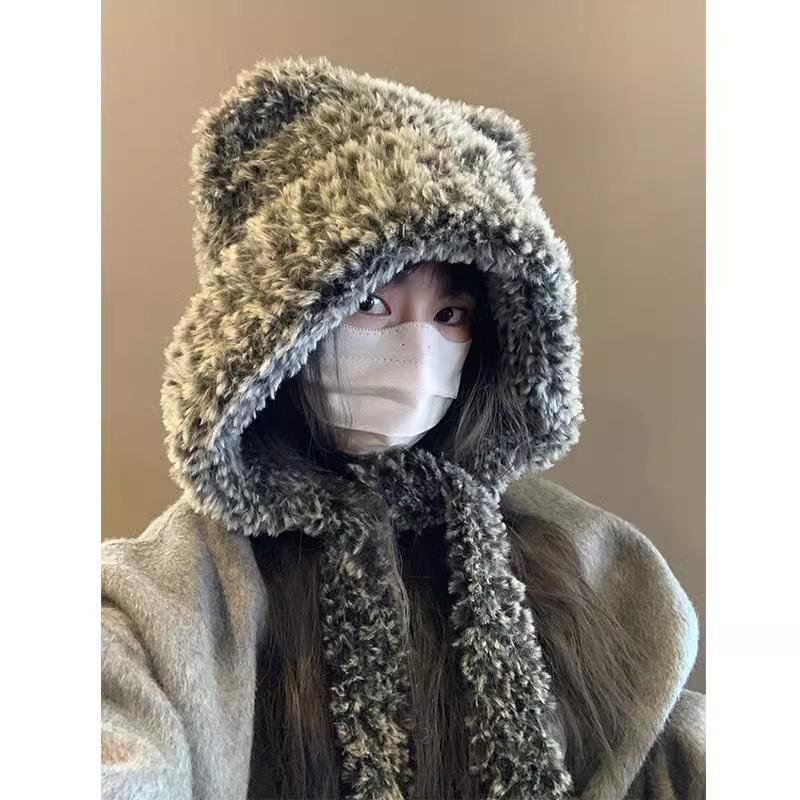 Căciulă caldă de pluș cu urechi de ursuleț și pisică, cu fundă, pentru femei – Protecție pentru urechi de toamnă/iarnă cu design cu față deschisă
