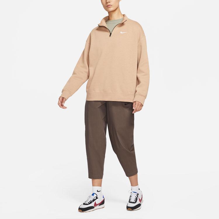 Nike Pulover Casual Larg cu Fermoar la Jumătate, Fleece Culoare Solidă cu Logo, Gât Rotund, American Vintage, Iarnă, Femei, Galben-Moi DC5425-200