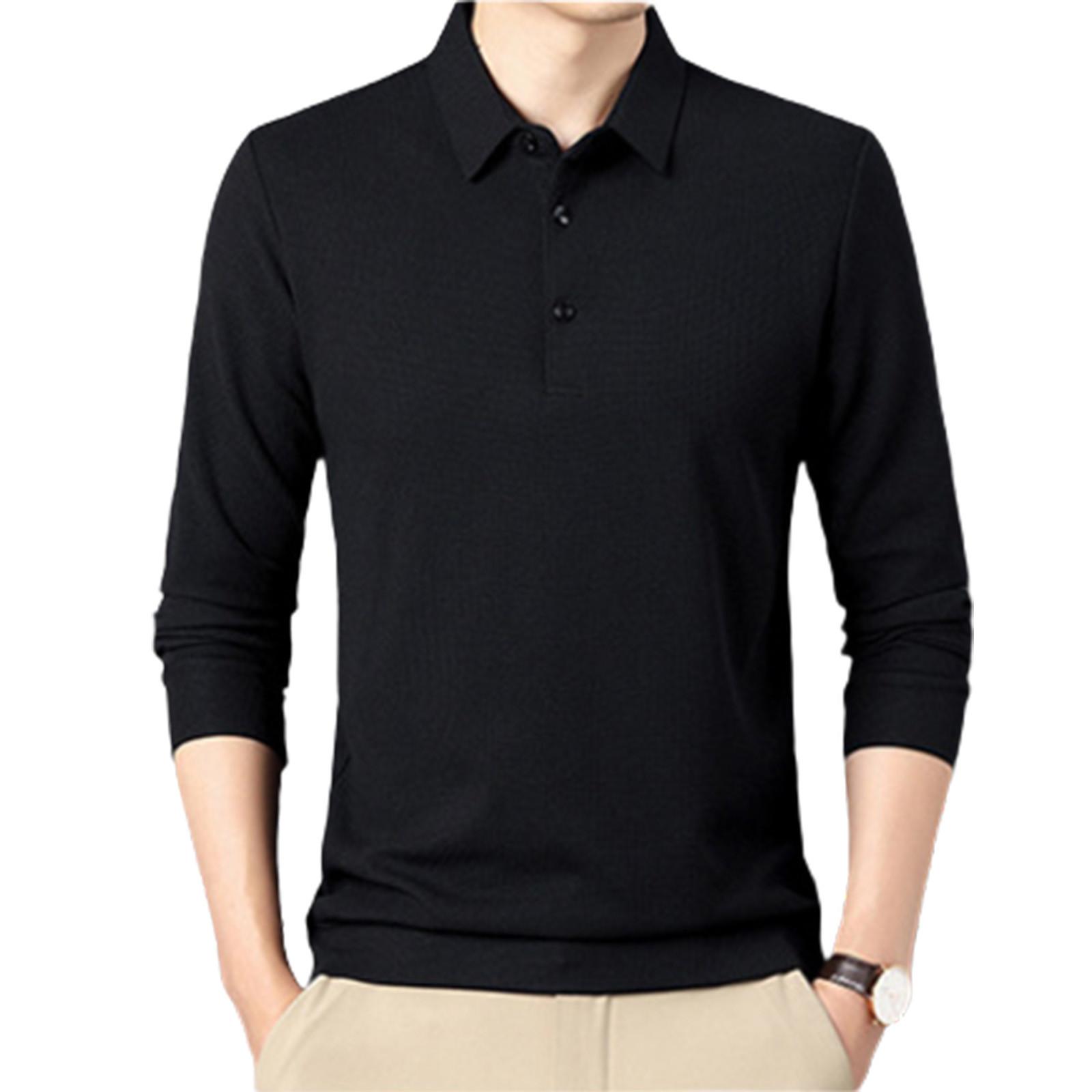 

Men s Solid Color Lapel Business Casual Long Sleeved T-shirt Versatile Top 54 чёрный