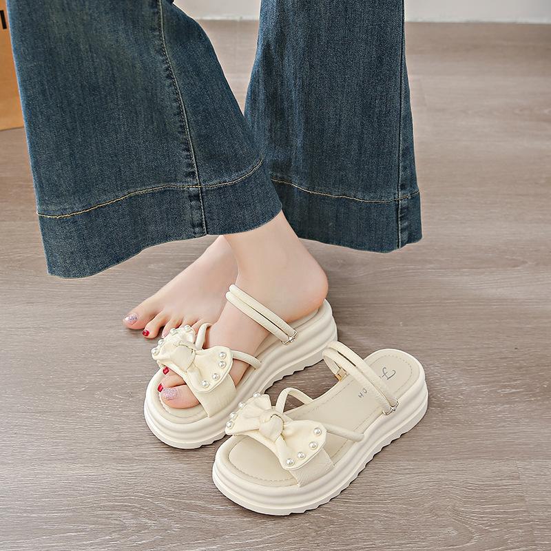 2025 Summer New Pearl Bow Cross Strap Fairy Fashion French Sandals Platform Cool Slippers Female Summer Wear