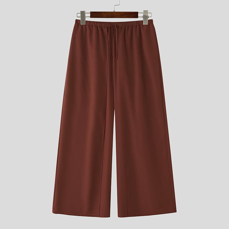 INCERUN Men Drawstring Elastic Waist Casual Long Wide Legs Pants Trousers