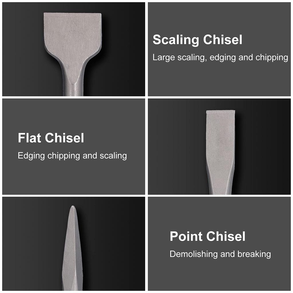 Hammer Drill Chisel Carbon Steel Scaling Flat Chisel Point Rotary Hammer Drill Bit for Tile and Concrete Work Durable and 3-Piece Set, Chisel, Chisel,