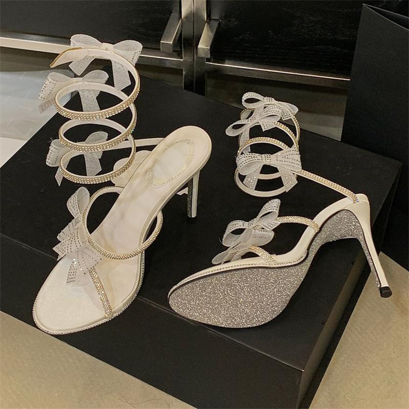 Elegant Pink Wedding Shoes CRYSTAL Bow High Heels Sandals Woman Summer Ankle Strap Thin High Heels Open Toed Party Shoes