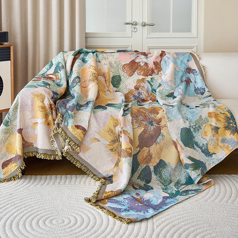 1pc Floral Pattern Sofa Towel INS Style All-cover Sofa Throw Blanket With Tassels Four Seasons Universal Couch Protector