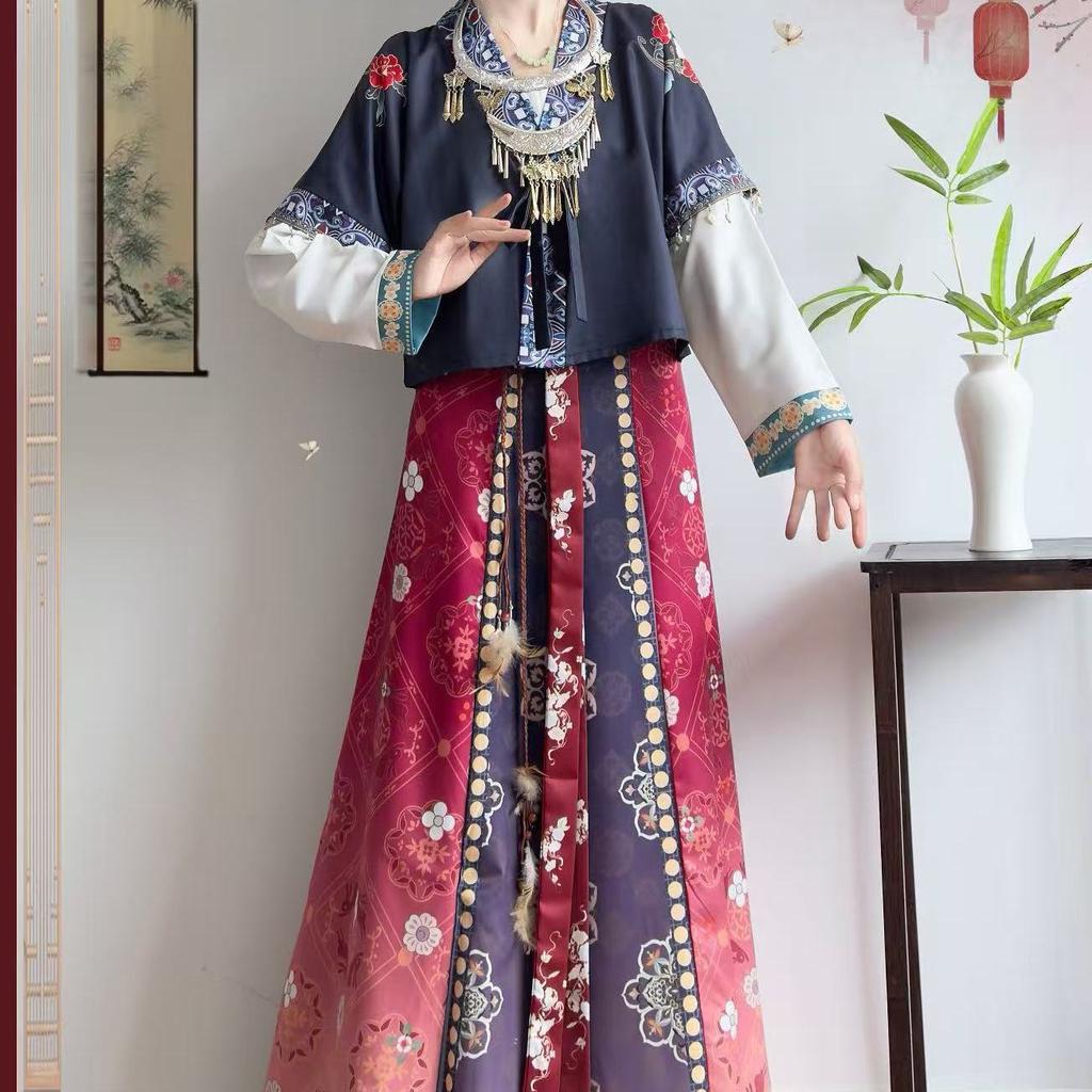 Chinese Tang Dynasty Beizi Hanfu Set, Printed Cardigan Ethnic Style One-Piece Waist Skirt Daily Wear