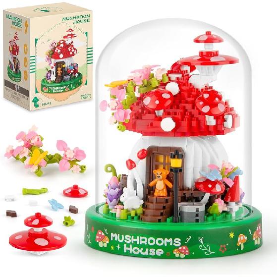 Mushroom House Building Set, Creative Mushroom Garden Model Kits for Adults, 1346PCS Micro Bricks Collectible Ideals Gifts for Teens Kids 12+ Mushroom House with Dust