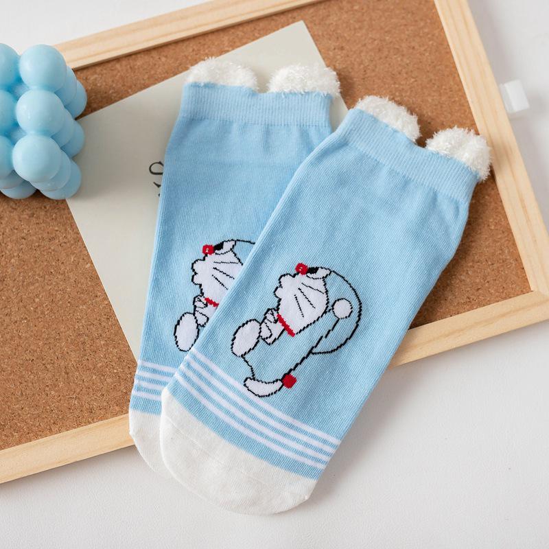 Women's Blue Fat Cat Cartoon Socks – Cute 3D Ears, Feather Yarn, All Cotton, Low-Cut Boat Style