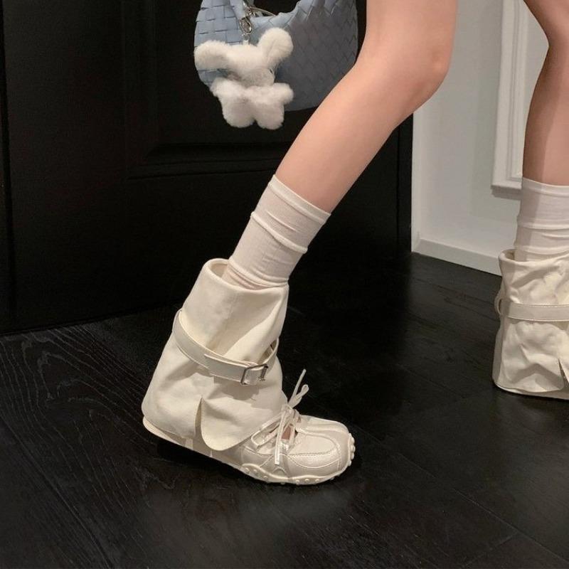 Two-Wear Flat Boots Autumn New Round Toe Spliced Front Lace-Up Metal Belt Buckle Soft Slip Shorthole Boots