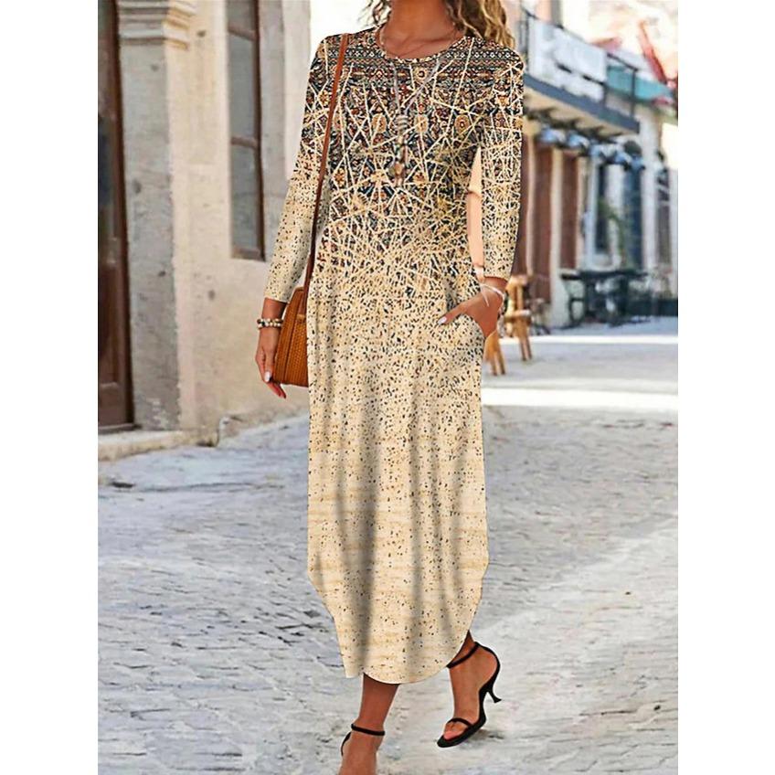 GMXIA Women's Crew Neck Pocket Long Sleeve Casual Print Dress