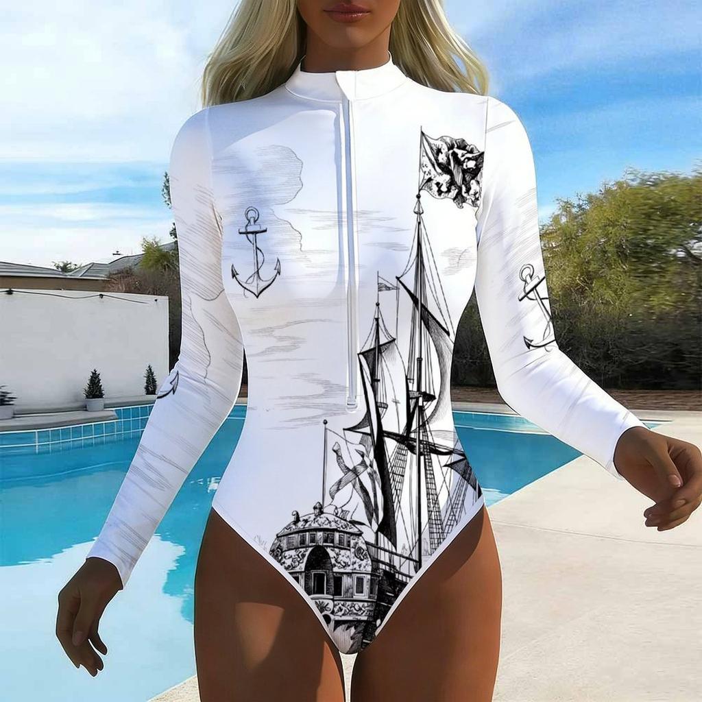 Women Long Sleeve One Piece Swimsuit Zip Front  Sea Turtle Print Rash Guard Surfing Bathing Suit