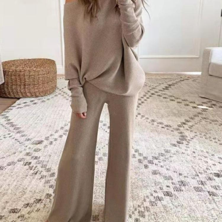 Women's Loose Fit Two-piece Outfit Long Sleeve Off-the-Shoulder Top Drawstring Waist Wide Leg Pants Ribbed Knit Loungewear Set