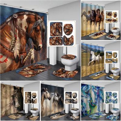 Horse Printed Shower Curtain Set Waterproof Bathroom With Hooks Sets And Rugs Home Decor