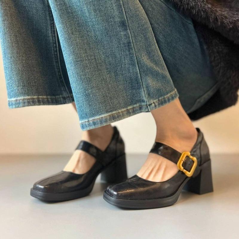 High-Heeled Mary Jane Schuhe Damen Frühling Neu Eckige Zehenpartie Bequeme Füße Blockabsatz Einzelne Schuhe