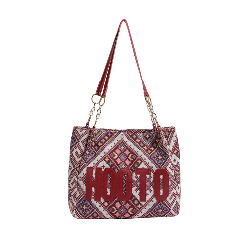 Retro European American Style Cotton And Linen Tote Bag Big Size Woven Pop Elements красный