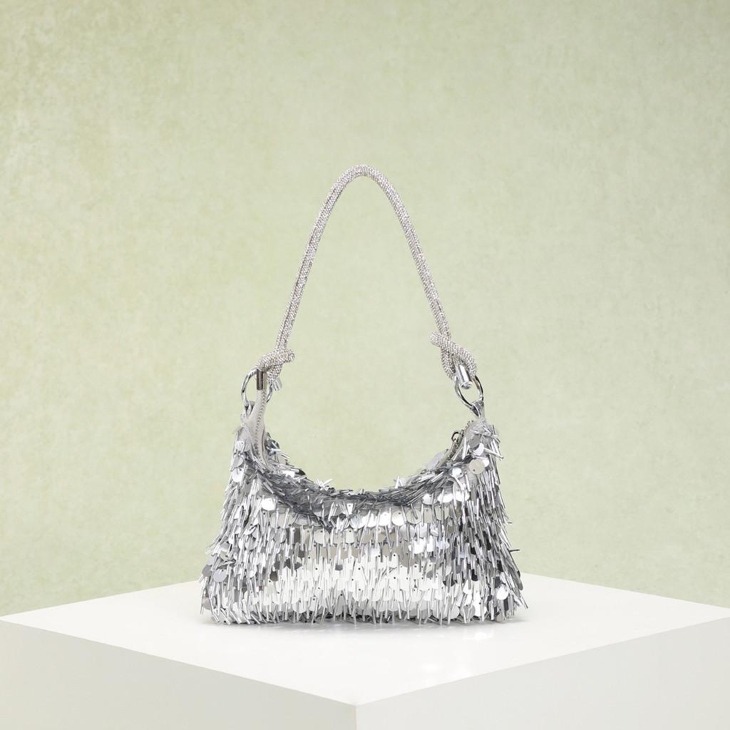 Pvc Silver Clutch Bag With Sequin Design For Evening Parties