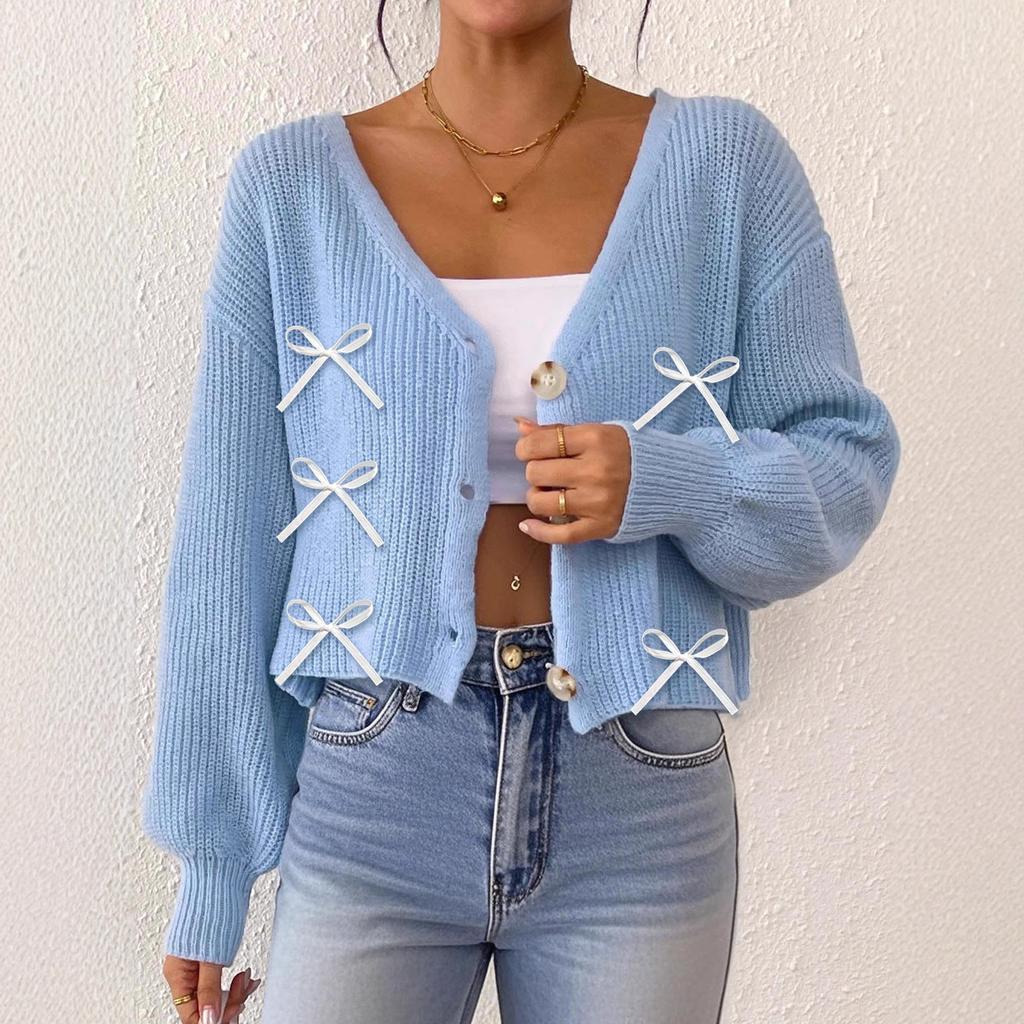 New Autumn and Winter Short Coat with Ribbon Bow Decoration, Deep V Three-button Sweater Cardigan for Women
