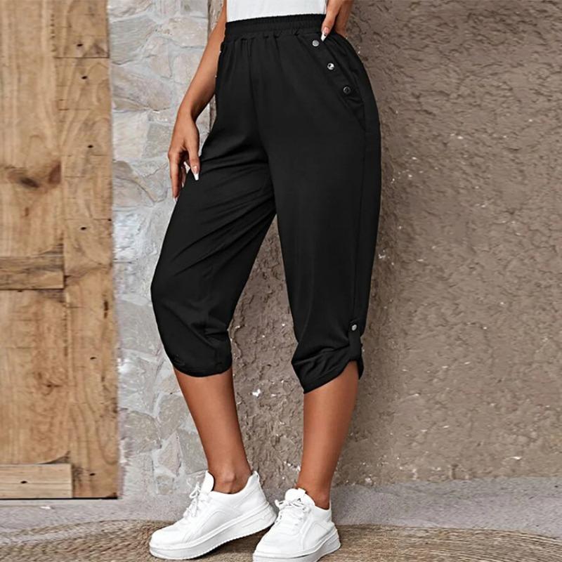 Women's Casual Black Elastic Waist Button Hem Capri Pants