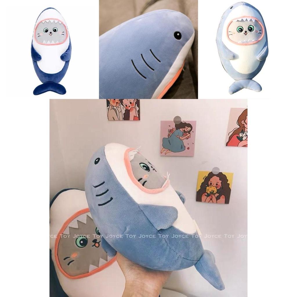 Niedriges Haifisch-Plüschkissen mit KatzenGesicht Stofftier Blau/Grau 30/60cm Superweicher Kurzer Plüsch