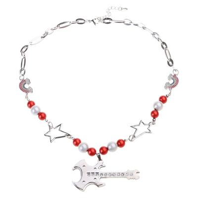 Cool Punk Guitar Pendant Necklace Hollow Star Rainbow Rhinestone Choker Collarbone Necklace Hip Hop Jewelry Y2K Choker