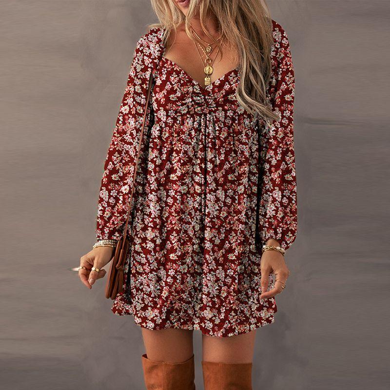 

Fashion Cute Younger Florals Printed Short Skirt Female 2025 Fall New Arrival Loose Belly-Covering Long Sleeves Dress Female Red P320 S code fits (45.00 kg-55.00 kg