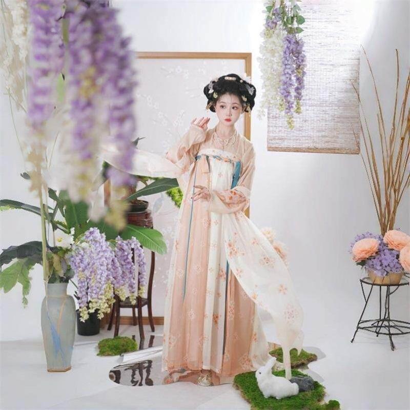 Women's Traditional Chinese Hanfu Set, Tang Dynasty Chest-high Ruqun Floral Printed Daily Wear Ancient Style Full Outfit