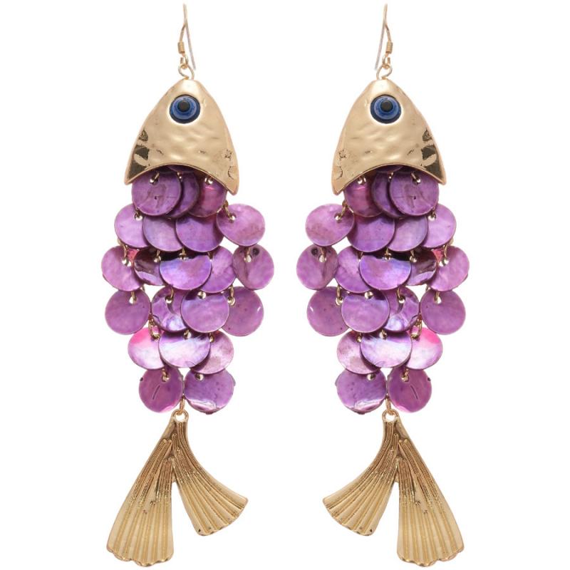 Exquisite Small Fish Dangle Earrings for Women Exaggerated Purple Shell Long Tassel Earrings Autumn Holiday Jewelry Accessories