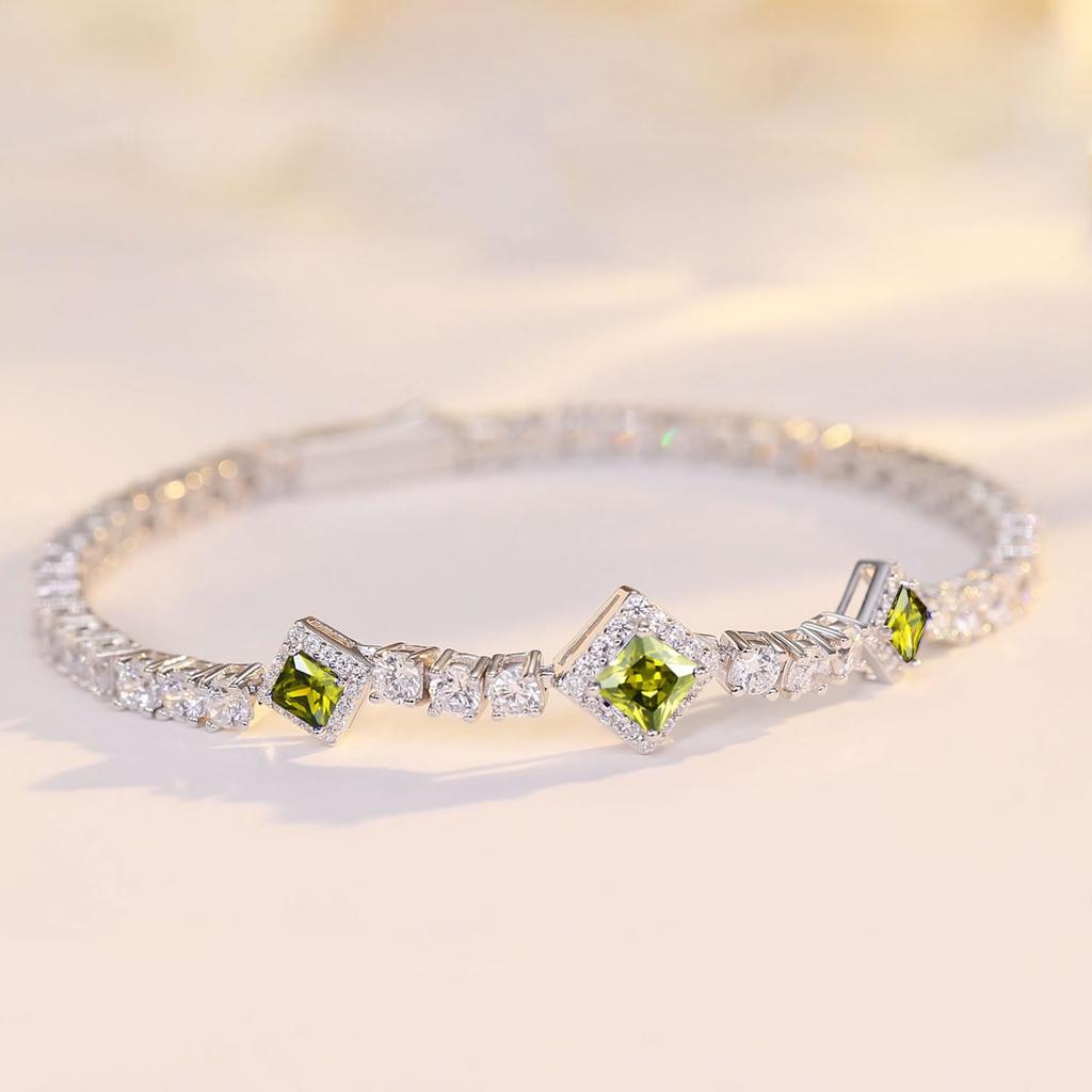 FANCIME Tennis Bracelet with Square Cut Cubic 3mm August Cube Tennis Sterling Silver Power Brand Gift Women's Peridot, Zirconia, Wide, Birthstone,