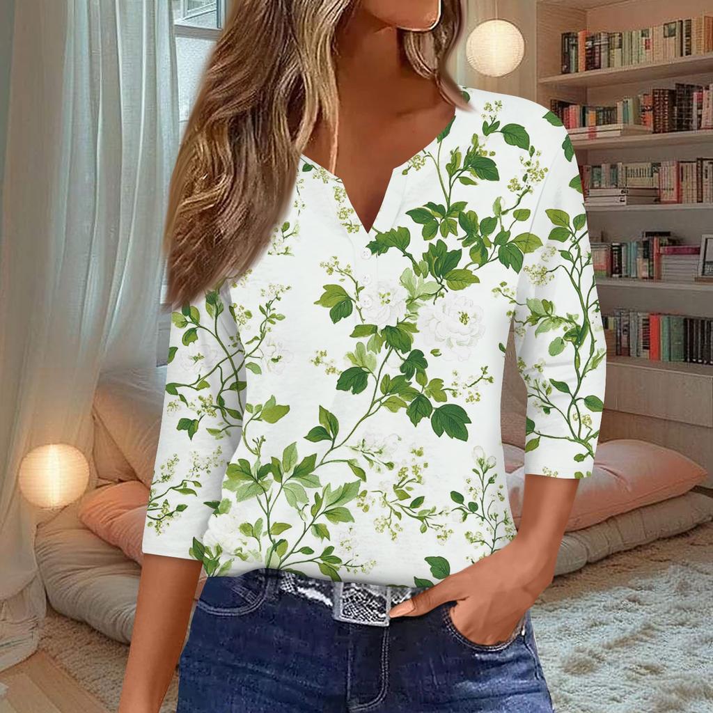 Damenmode Lässiges T-Shirt mit Blumendruck, V-Ausschnitt, dekorativen Knöpfen und Dreiviertelärmeln