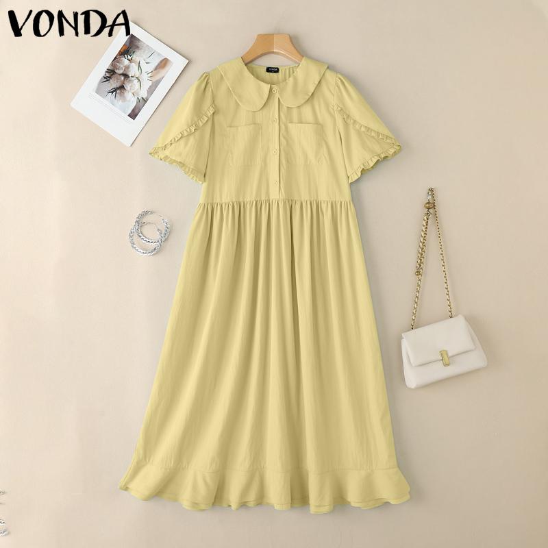 

VONDA Women Doll Collar Layers Sleeve Ruffled Pleated Maxi Dress XL жовтий