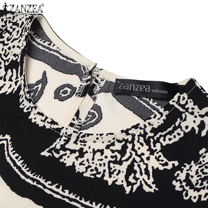 ZANZEA Women Casual Round Neck Long Sleeve Loose Retro Print Dress