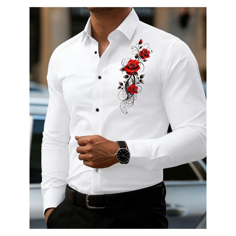 Romantic Men's Fashion! Passionate Rose Printed Long-Sleeve Business Casual Shirt for Men